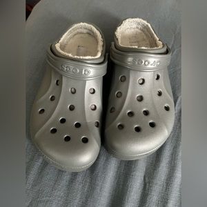 Gray fur crocs